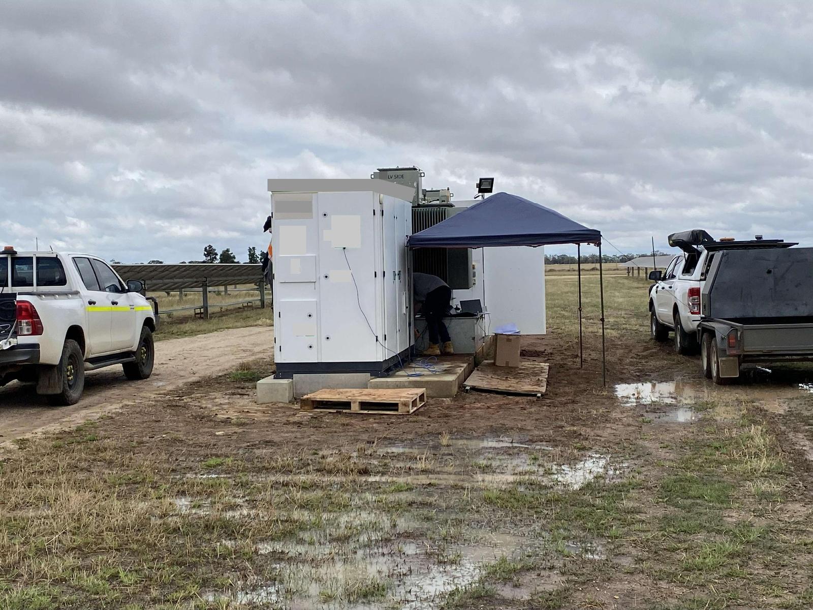 Inverter station commissioning — Containerised inverter station being commissioned at a utility-scale solar farm